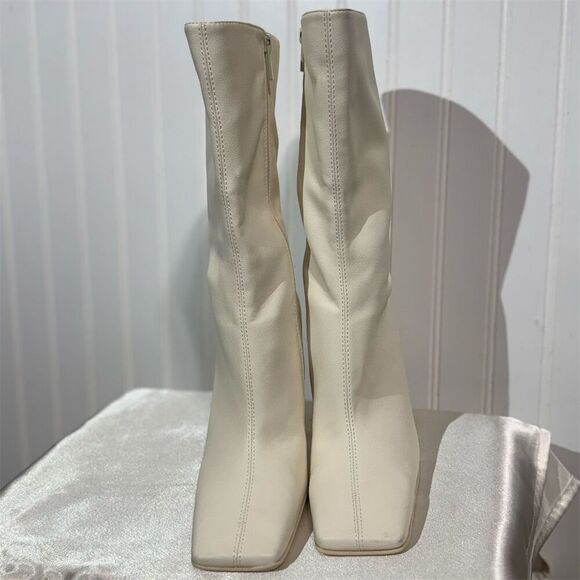 Oak + Fort Cream Mid Calf Heeled Boots Women’s 7 Square Toe Minimalist Y2K - Picture 4 of 10